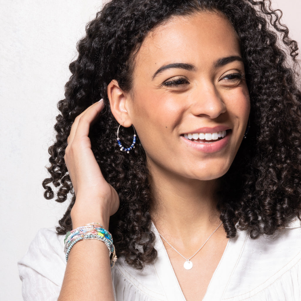 Stone Disc Hoop Earring - Lapis/Silver